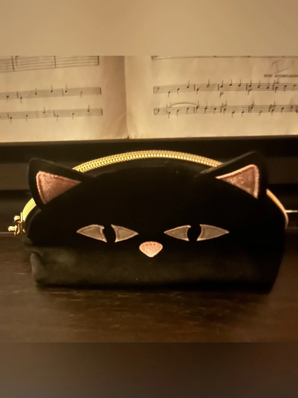 NWOT Rare BBW Bath And Body Work Faux Suede Black Cat Makeup Cosmetic Bag Pouch